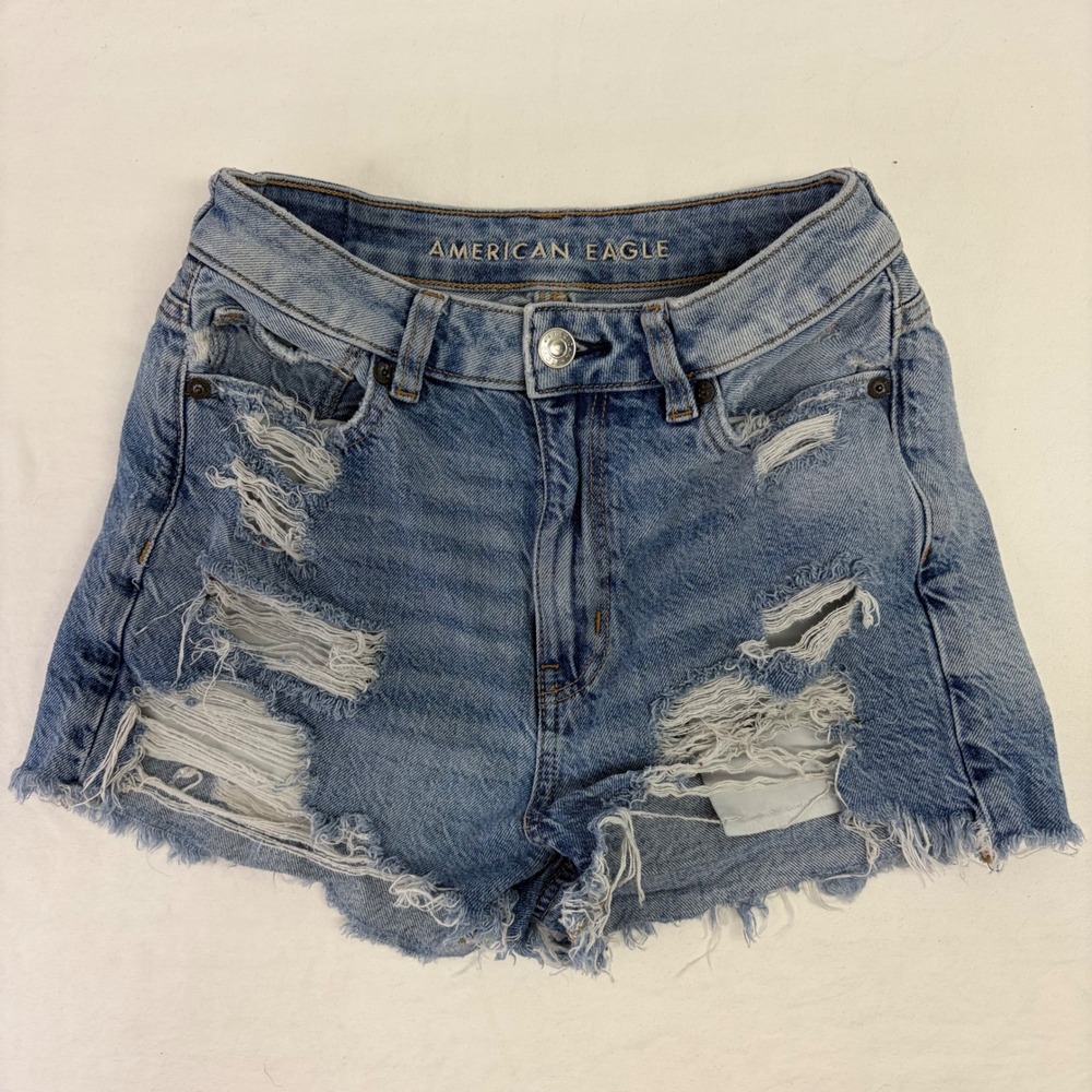 American Eagle Mom Shorts Womens 00 Blue Micro Distressed Denim Cut Off Festival